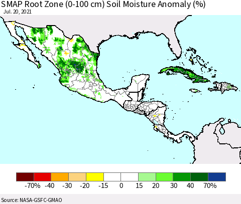 Mexico Central America and the Caribbean SMAP Root Zone (0-100 cm) Soil Moisture Anomaly (%) Thematic Map For 7/16/2021 - 7/20/2021