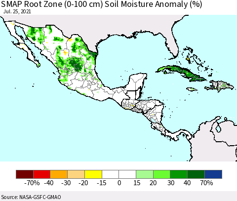 Mexico Central America and the Caribbean SMAP Root Zone (0-100 cm) Soil Moisture Anomaly (%) Thematic Map For 7/21/2021 - 7/25/2021