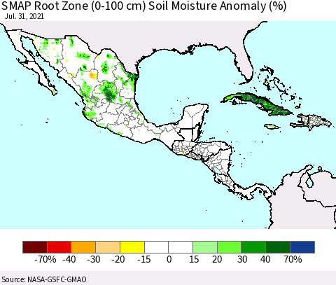 Mexico Central America and the Caribbean SMAP Root Zone (0-100 cm) Soil Moisture Anomaly (%) Thematic Map For 7/26/2021 - 7/31/2021