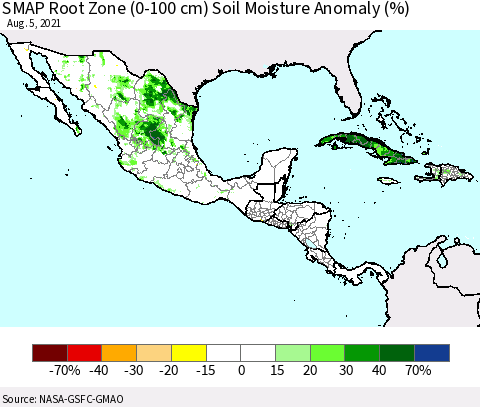 Mexico Central America and the Caribbean SMAP Root Zone (0-100 cm) Soil Moisture Anomaly (%) Thematic Map For 8/1/2021 - 8/5/2021