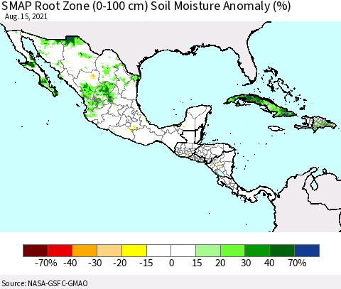 Mexico Central America and the Caribbean SMAP Root Zone (0-100 cm) Soil Moisture Anomaly (%) Thematic Map For 8/11/2021 - 8/15/2021