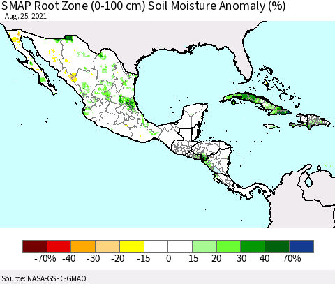 Mexico Central America and the Caribbean SMAP Root Zone (0-100 cm) Soil Moisture Anomaly (%) Thematic Map For 8/21/2021 - 8/25/2021