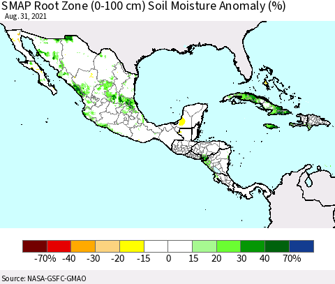 Mexico Central America and the Caribbean SMAP Root Zone (0-100 cm) Soil Moisture Anomaly (%) Thematic Map For 8/26/2021 - 8/31/2021