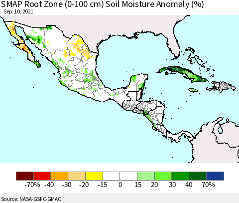 Mexico Central America and the Caribbean SMAP Root Zone (0-100 cm) Soil Moisture Anomaly (%) Thematic Map For 9/6/2021 - 9/10/2021