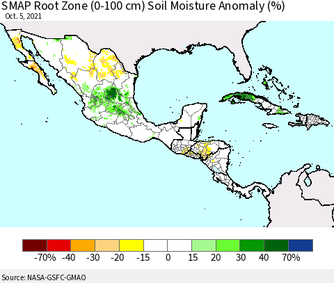 Mexico Central America and the Caribbean SMAP Root Zone (0-100 cm) Soil Moisture Anomaly (%) Thematic Map For 10/1/2021 - 10/5/2021