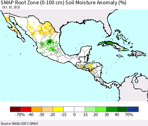 Mexico Central America and the Caribbean SMAP Root Zone (0-100 cm) Soil Moisture Anomaly (%) Thematic Map For 10/6/2021 - 10/10/2021