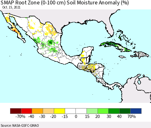 Mexico Central America and the Caribbean SMAP Root Zone (0-100 cm) Soil Moisture Anomaly (%) Thematic Map For 10/11/2021 - 10/15/2021