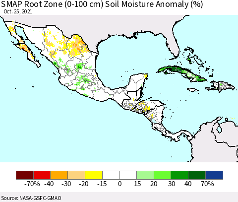 Mexico Central America and the Caribbean SMAP Root Zone (0-100 cm) Soil Moisture Anomaly (%) Thematic Map For 10/21/2021 - 10/25/2021