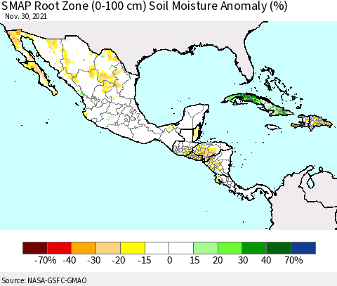 Mexico Central America and the Caribbean SMAP Root Zone (0-100 cm) Soil Moisture Anomaly (%) Thematic Map For 11/26/2021 - 11/30/2021