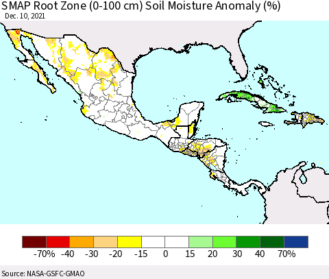 Mexico Central America and the Caribbean SMAP Root Zone (0-100 cm) Soil Moisture Anomaly (%) Thematic Map For 12/6/2021 - 12/10/2021