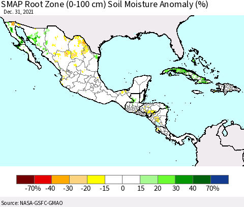 Mexico Central America and the Caribbean SMAP Root Zone (0-100 cm) Soil Moisture Anomaly (%) Thematic Map For 12/26/2021 - 12/31/2021