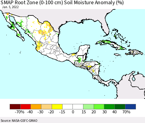 Mexico Central America and the Caribbean SMAP Root Zone (0-100 cm) Soil Moisture Anomaly (%) Thematic Map For 1/1/2022 - 1/5/2022