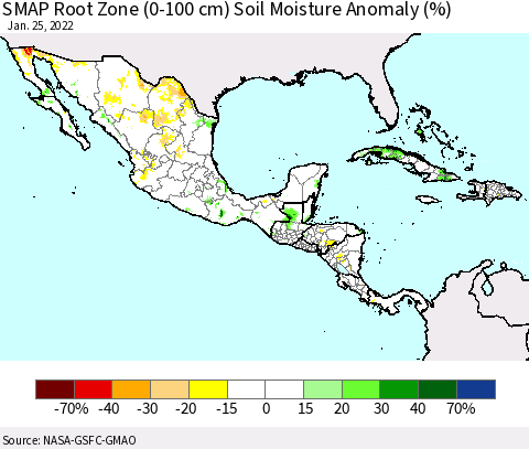 Mexico Central America and the Caribbean SMAP Root Zone (0-100 cm) Soil Moisture Anomaly (%) Thematic Map For 1/21/2022 - 1/25/2022