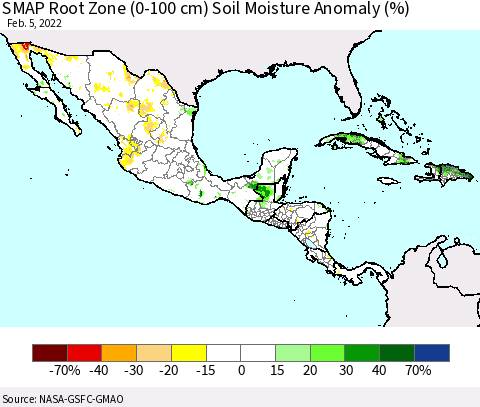 Mexico Central America and the Caribbean SMAP Root Zone (0-100 cm) Soil Moisture Anomaly (%) Thematic Map For 2/1/2022 - 2/5/2022