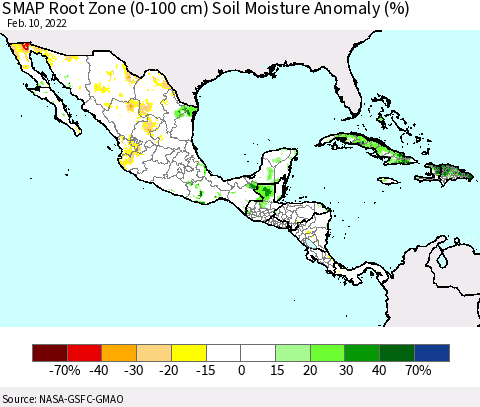Mexico Central America and the Caribbean SMAP Root Zone (0-100 cm) Soil Moisture Anomaly (%) Thematic Map For 2/6/2022 - 2/10/2022