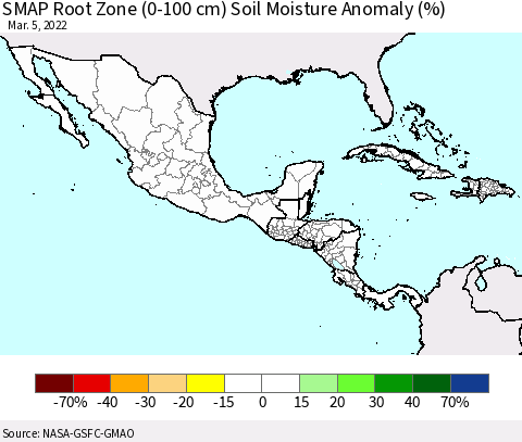 Mexico Central America and the Caribbean SMAP Root Zone (0-100 cm) Soil Moisture Anomaly (%) Thematic Map For 3/1/2022 - 3/5/2022