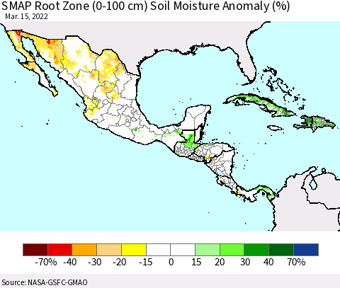 Mexico Central America and the Caribbean SMAP Root Zone (0-100 cm) Soil Moisture Anomaly (%) Thematic Map For 3/11/2022 - 3/15/2022
