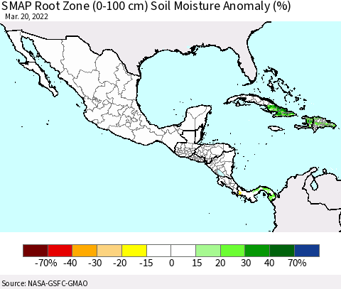 Mexico Central America and the Caribbean SMAP Root Zone (0-100 cm) Soil Moisture Anomaly (%) Thematic Map For 3/16/2022 - 3/20/2022