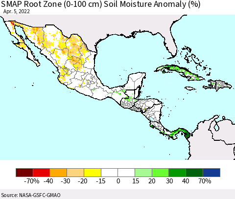 Mexico Central America and the Caribbean SMAP Root Zone (0-100 cm) Soil Moisture Anomaly (%) Thematic Map For 4/1/2022 - 4/5/2022