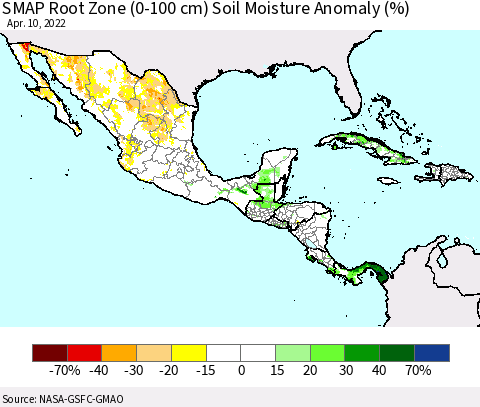 Mexico Central America and the Caribbean SMAP Root Zone (0-100 cm) Soil Moisture Anomaly (%) Thematic Map For 4/6/2022 - 4/10/2022