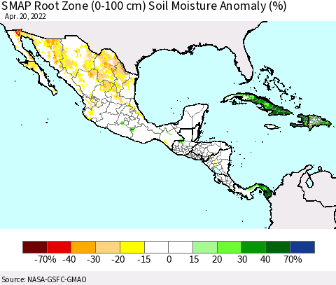 Mexico Central America and the Caribbean SMAP Root Zone (0-100 cm) Soil Moisture Anomaly (%) Thematic Map For 4/16/2022 - 4/20/2022