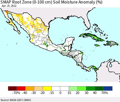 Mexico Central America and the Caribbean SMAP Root Zone (0-100 cm) Soil Moisture Anomaly (%) Thematic Map For 4/21/2022 - 4/25/2022