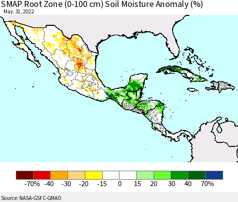 Mexico Central America and the Caribbean SMAP Root Zone (0-100 cm) Soil Moisture Anomaly (%) Thematic Map For 5/26/2022 - 5/31/2022