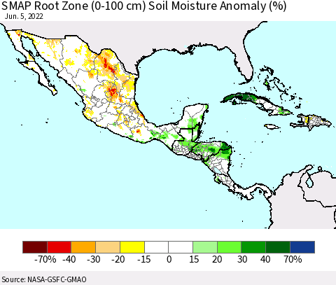 Mexico Central America and the Caribbean SMAP Root Zone (0-100 cm) Soil Moisture Anomaly (%) Thematic Map For 6/1/2022 - 6/5/2022