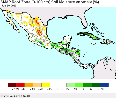 Mexico Central America and the Caribbean SMAP Root Zone (0-100 cm) Soil Moisture Anomaly (%) Thematic Map For 6/6/2022 - 6/10/2022