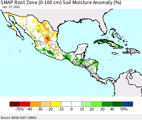 Mexico Central America and the Caribbean SMAP Root Zone (0-100 cm) Soil Moisture Anomaly (%) Thematic Map For 6/11/2022 - 6/15/2022