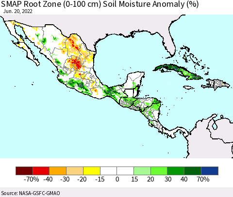 Mexico Central America and the Caribbean SMAP Root Zone (0-100 cm) Soil Moisture Anomaly (%) Thematic Map For 6/16/2022 - 6/20/2022