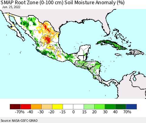 Mexico Central America and the Caribbean SMAP Root Zone (0-100 cm) Soil Moisture Anomaly (%) Thematic Map For 6/21/2022 - 6/25/2022