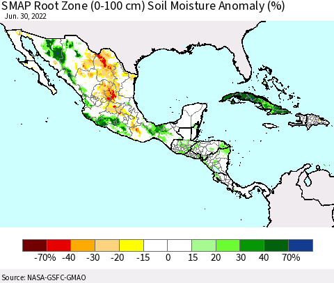 Mexico Central America and the Caribbean SMAP Root Zone (0-100 cm) Soil Moisture Anomaly (%) Thematic Map For 6/26/2022 - 6/30/2022