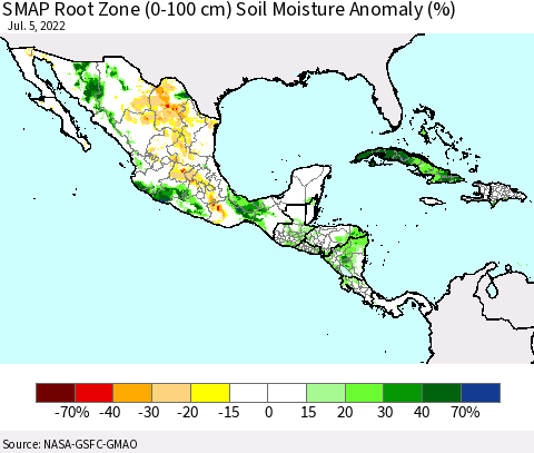 Mexico Central America and the Caribbean SMAP Root Zone (0-100 cm) Soil Moisture Anomaly (%) Thematic Map For 7/1/2022 - 7/5/2022