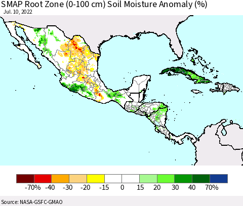 Mexico Central America and the Caribbean SMAP Root Zone (0-100 cm) Soil Moisture Anomaly (%) Thematic Map For 7/6/2022 - 7/10/2022