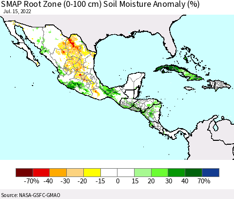 Mexico Central America and the Caribbean SMAP Root Zone (0-100 cm) Soil Moisture Anomaly (%) Thematic Map For 7/11/2022 - 7/15/2022