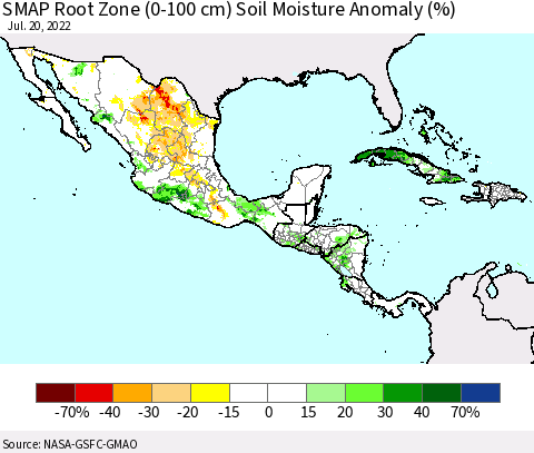 Mexico Central America and the Caribbean SMAP Root Zone (0-100 cm) Soil Moisture Anomaly (%) Thematic Map For 7/16/2022 - 7/20/2022
