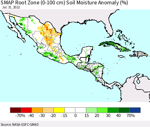 Mexico Central America and the Caribbean SMAP Root Zone (0-100 cm) Soil Moisture Anomaly (%) Thematic Map For 7/26/2022 - 7/31/2022