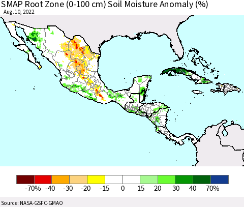 Mexico Central America and the Caribbean SMAP Root Zone (0-100 cm) Soil Moisture Anomaly (%) Thematic Map For 8/6/2022 - 8/10/2022