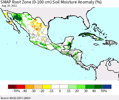 Mexico Central America and the Caribbean SMAP Root Zone (0-100 cm) Soil Moisture Anomaly (%) Thematic Map For 8/16/2022 - 8/20/2022