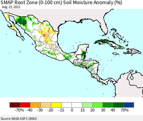 Mexico Central America and the Caribbean SMAP Root Zone (0-100 cm) Soil Moisture Anomaly (%) Thematic Map For 8/21/2022 - 8/25/2022