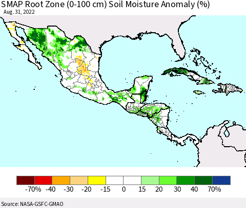 Mexico Central America and the Caribbean SMAP Root Zone (0-100 cm) Soil Moisture Anomaly (%) Thematic Map For 8/26/2022 - 8/31/2022