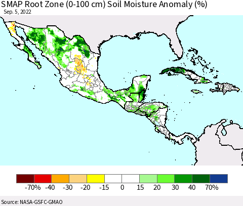 Mexico Central America and the Caribbean SMAP Root Zone (0-100 cm) Soil Moisture Anomaly (%) Thematic Map For 9/1/2022 - 9/5/2022
