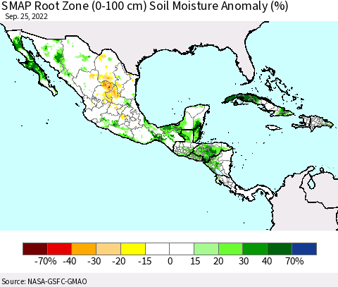 Mexico Central America and the Caribbean SMAP Root Zone (0-100 cm) Soil Moisture Anomaly (%) Thematic Map For 9/21/2022 - 9/25/2022