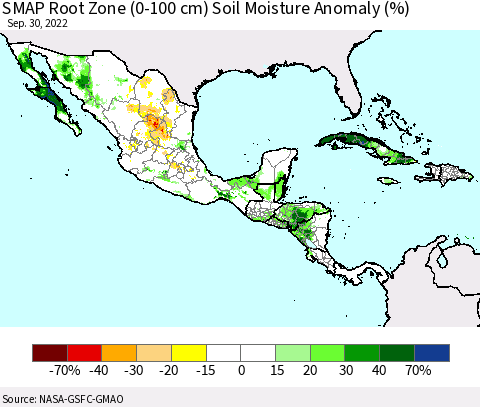 Mexico Central America and the Caribbean SMAP Root Zone (0-100 cm) Soil Moisture Anomaly (%) Thematic Map For 9/26/2022 - 9/30/2022