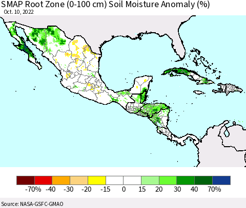 Mexico Central America and the Caribbean SMAP Root Zone (0-100 cm) Soil Moisture Anomaly (%) Thematic Map For 10/6/2022 - 10/10/2022