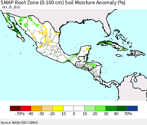 Mexico Central America and the Caribbean SMAP Root Zone (0-100 cm) Soil Moisture Anomaly (%) Thematic Map For 10/21/2022 - 10/25/2022