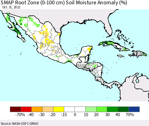Mexico Central America and the Caribbean SMAP Root Zone (0-100 cm) Soil Moisture Anomaly (%) Thematic Map For 10/26/2022 - 10/31/2022
