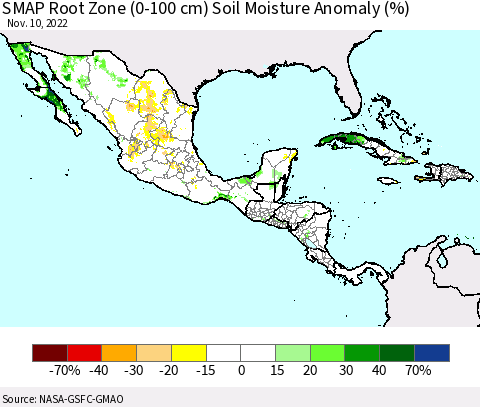 Mexico Central America and the Caribbean SMAP Root Zone (0-100 cm) Soil Moisture Anomaly (%) Thematic Map For 11/6/2022 - 11/10/2022