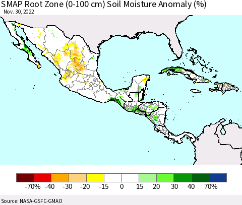 Mexico Central America and the Caribbean SMAP Root Zone (0-100 cm) Soil Moisture Anomaly (%) Thematic Map For 11/26/2022 - 11/30/2022